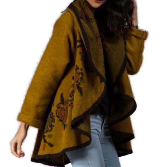 Made In Italy Light Brown Open Front Jacket O/S Wool Blend Floral Embroidery - Picture 1 of 8